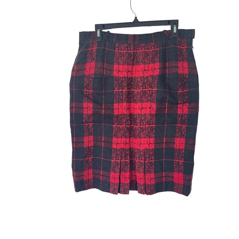 JS Scherrer Vintage Womens Pencil Skirt Size Large Black Red Plaid Wool Paris